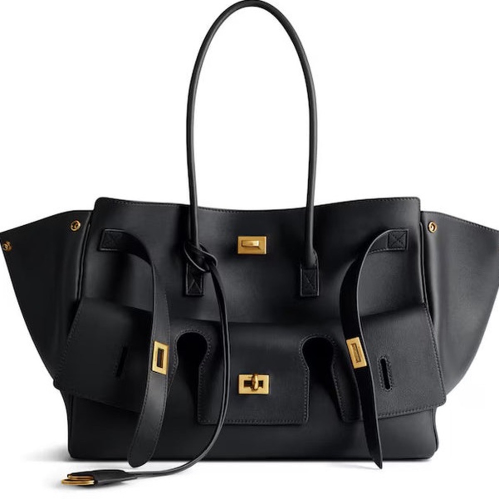 Black Leather Tote Bag with Gold Hardware